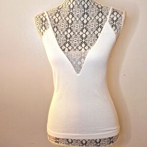 Very Sexy White Deep V Tank with mesh accent